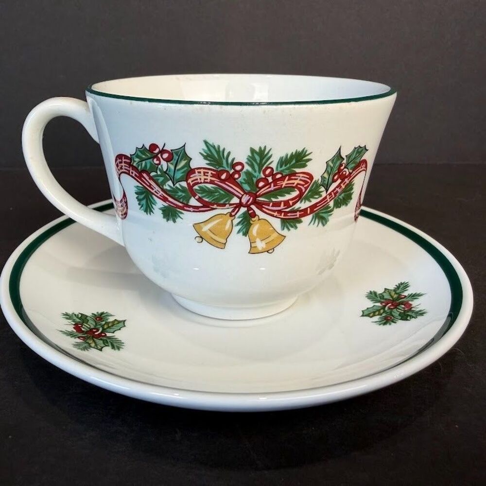 Vintage Johnson Brothers Victorian Christmas Footed Cup & Saucer Set, England